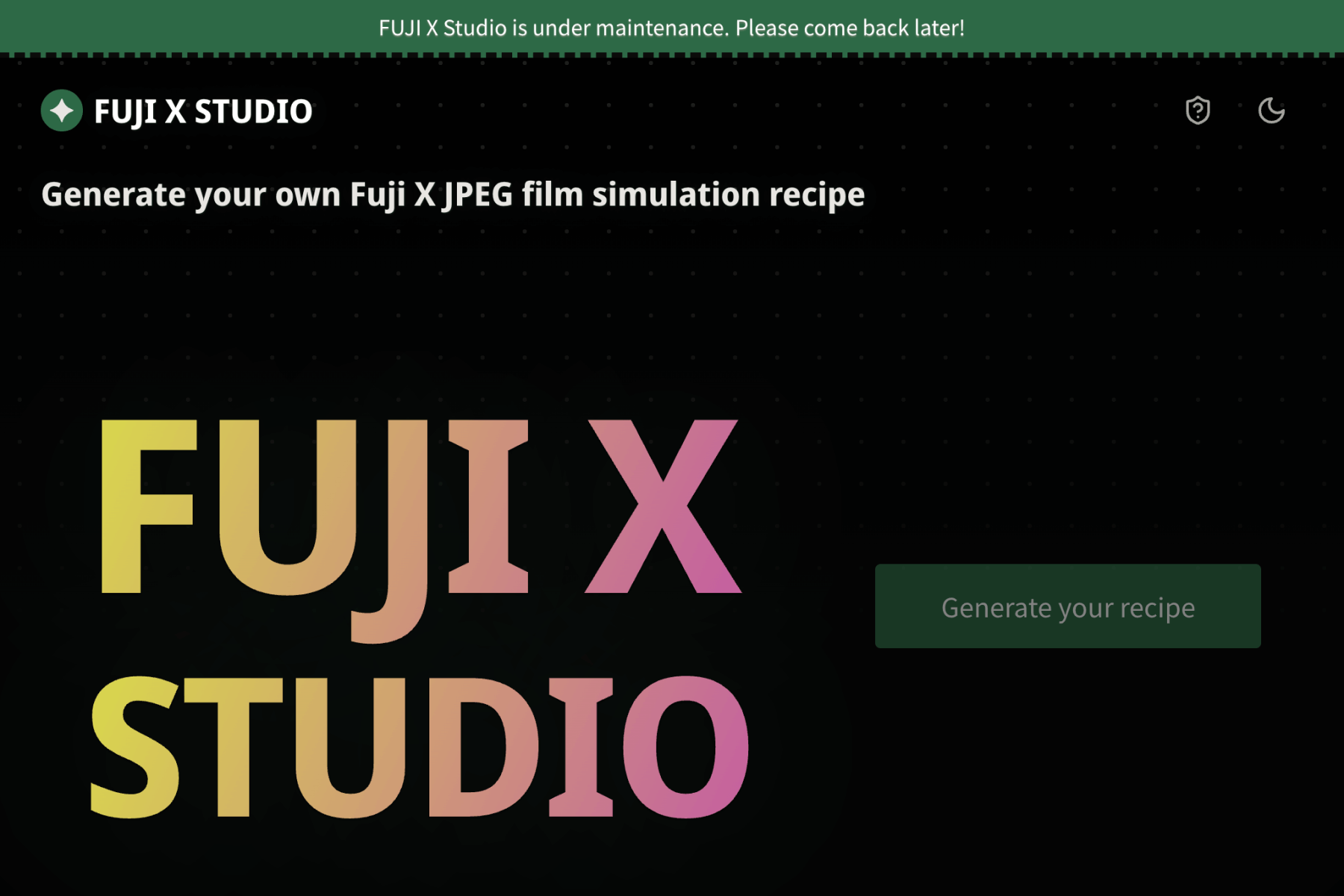 Fuji X Studio landing page showcasing maintenance mode